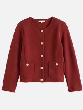 Skies Are Blue Textured Knit Pearl Button Jacket in Burgundy l Brick Red Button